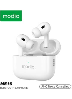 Modio ME16 Original Branded True Wireless Earbuds ANC Noice Cancellation wireless charging Bluetooth Earphones with Clear Calls Strong Sound Quality Touch Sensor 1 Free Earbuds Case White