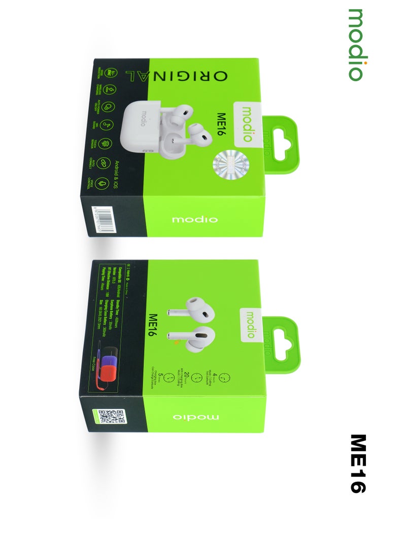 modio - Modio ME16 Original Branded True Wireless Earbuds ANC Noice Cancellation wireless charging Bluetooth Earphones with Clear Calls Strong Sound Quality Touch Sensor 1 Free Earbuds Case White - Image 1