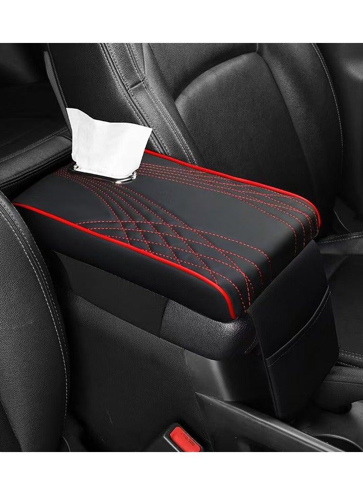 NIBEMINENT Car Central Control Armrest Memory Foam Armrest Heightening Pad, Lengthened Central Armrest Box Pad Black and red - Image 1