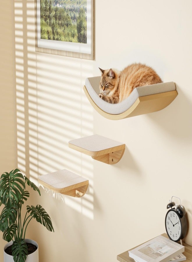 PELUOMOZ Cat Wall Shelf with Curved Hammock Bed, Wall Mounted Cat Perch with Beige Soft Foam Cushion, Floating Wall Furniture for Climbing, Sleeping & Lounging - Image 3