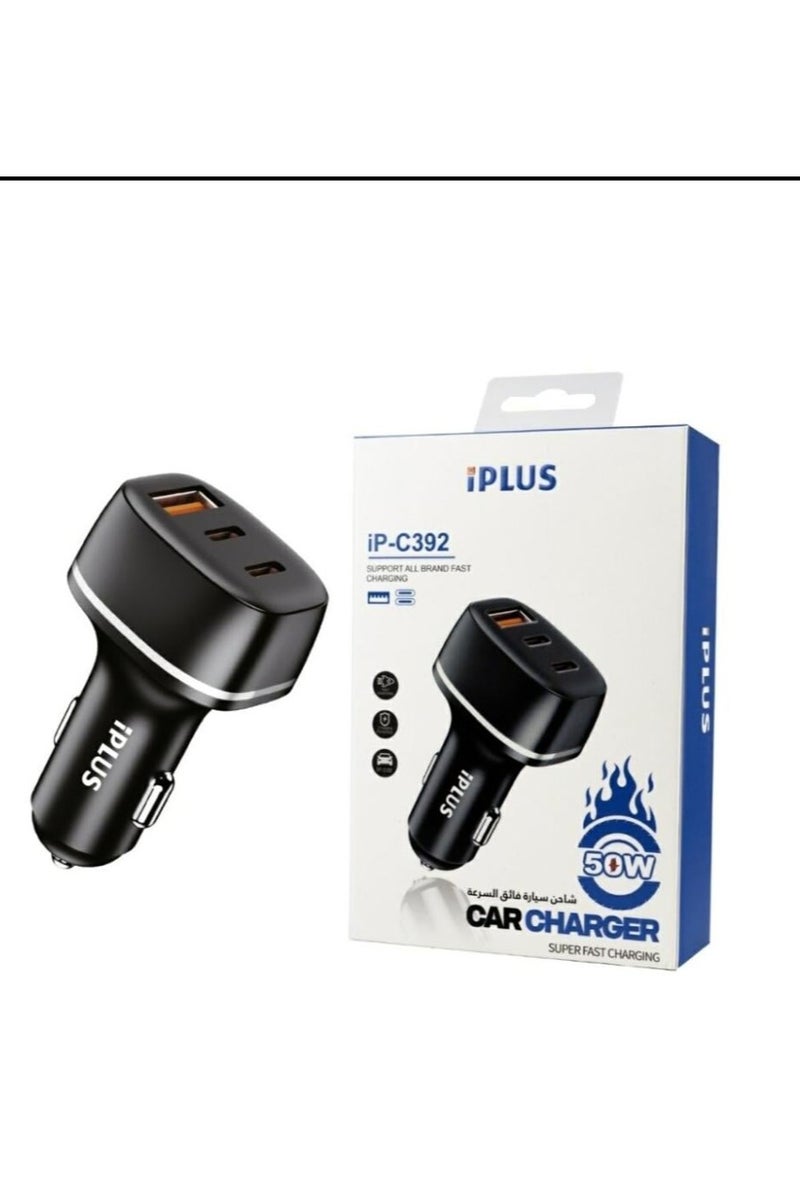 آي بلس شاحن سيارة iPlus iP-C392 المتميز متعدد المنافذ بقوة 50 وات مع توافق عالمي مع الشحن السريع