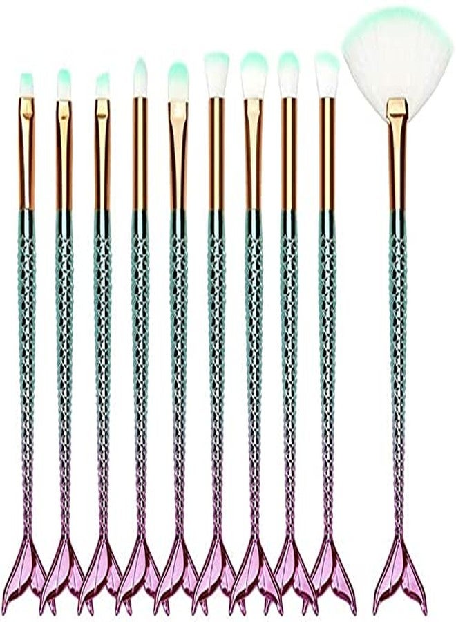 ليلي مجموعة فرش مكياج احترافية ثلاثية الأبعاد على شكل حورية البحر، عبوة ملونة من 10 فرش تجميلية للوجه والعينين، بودرة، كريم أساس، أحمر خدود (جودة عالية) - Image 2