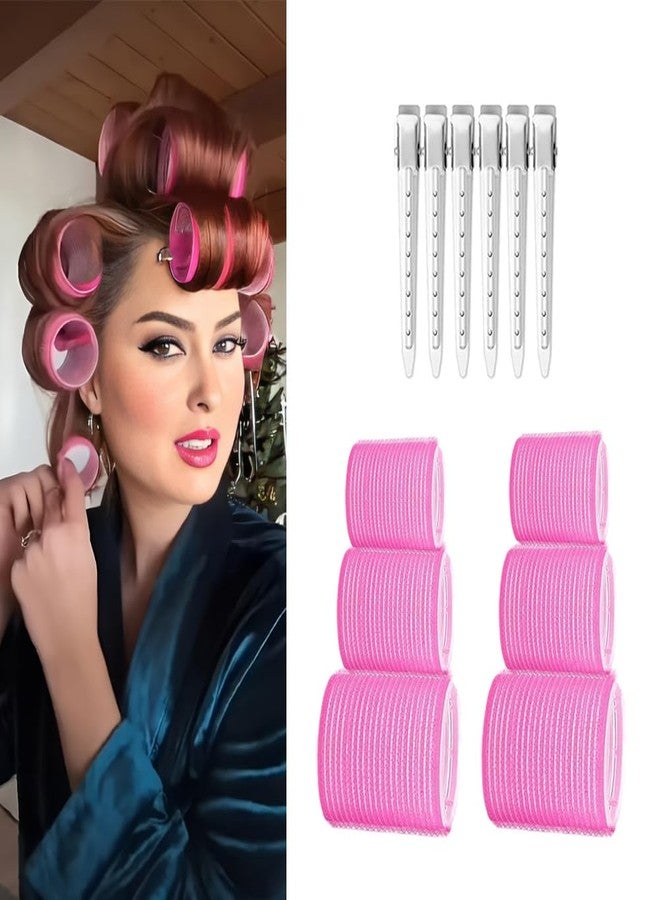 Pinaka Hair Curlers Rollers, 6Pcs Big Hair Rollers Self Grip Holding Curlers with 6Pcs Stainless Steel Duckbill Clips for Long Medium Thick Hair Volume (Pink) - Image 1