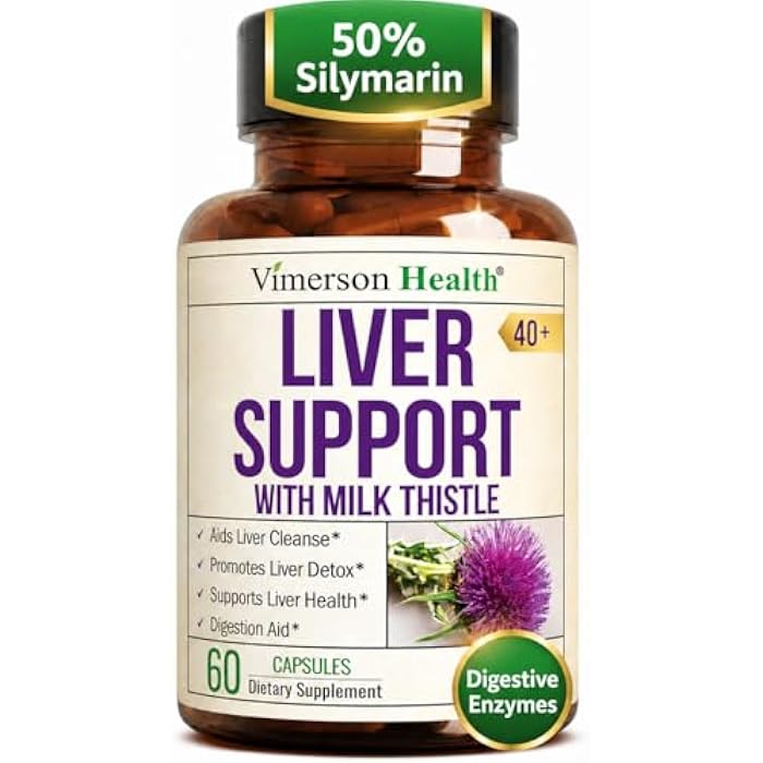 Vimerson Health دعم الكبد مع مستخلص الخرشوف، إنزيمات، سيليمارين 50% من شوك الحليب، جذر الهندباء، ليباز وبروتياز، مضادات الأكسدة Solarplast® – يدعم إزالة السموم، الهضم والطاقة. 60 كبسولة، إمداد لمدة 20 يومًا. - Image 1