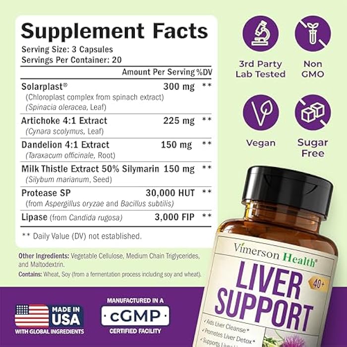 Vimerson Health دعم الكبد مع مستخلص الخرشوف، إنزيمات، سيليمارين 50% من شوك الحليب، جذر الهندباء، ليباز وبروتياز، مضادات الأكسدة Solarplast® – يدعم إزالة السموم، الهضم والطاقة. 60 كبسولة، إمداد لمدة 20 يومًا. - Image 2