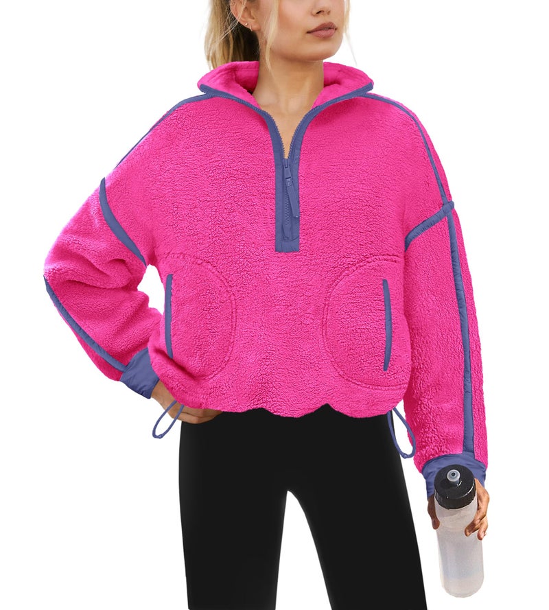Yanekop 1/4 Zip Pullover Women Zip Up Sweatshirt Fleece Pullover Christmas Sweaters Long Sleeve V Neck Sweaters(Hot Pink 1,XL) - Image 1