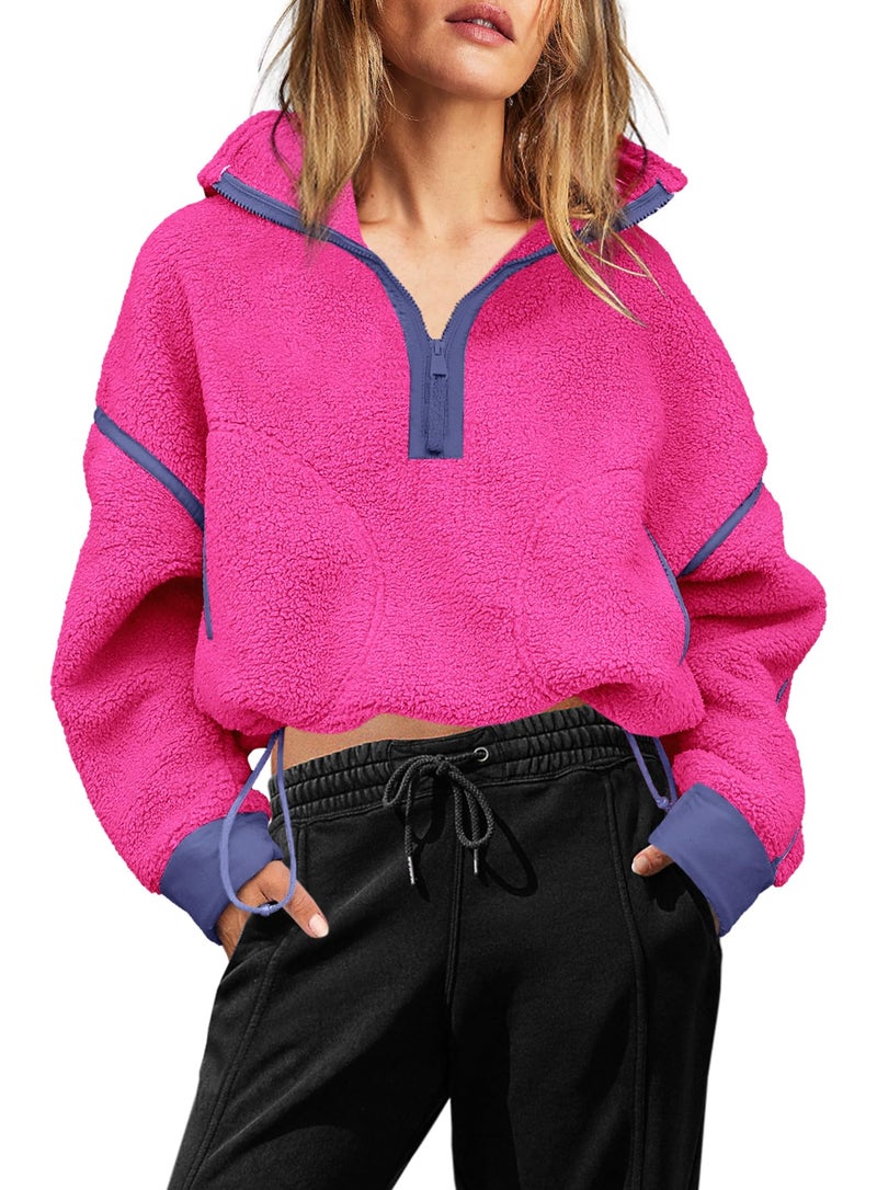 Yanekop 1/4 Zip Pullover Women Zip Up Sweatshirt Fleece Pullover Christmas Sweaters Long Sleeve V Neck Sweaters(Hot Pink 1,XL) - Image 2