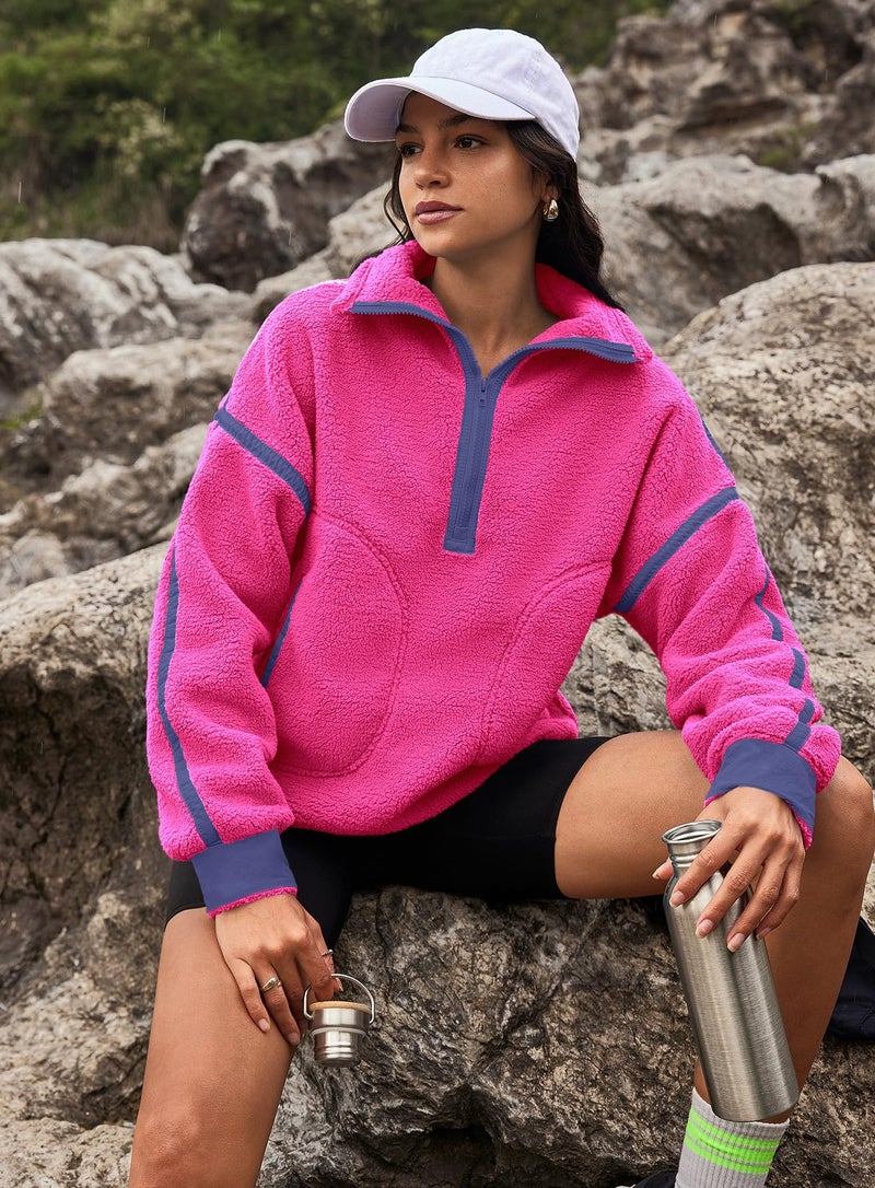 Yanekop 1/4 Zip Pullover Women Zip Up Sweatshirt Fleece Pullover Christmas Sweaters Long Sleeve V Neck Sweaters(Hot Pink 1,XL) - Image 5