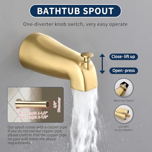 DIFEINI Dual Shower Faucet Set with Tub Spout Tub and Shower Faucet Set Complete Dual Shower Head and Handheld Combo Shower System with Tub Spout Tub and Shower Trim Kit Brushed Gold - Image 5