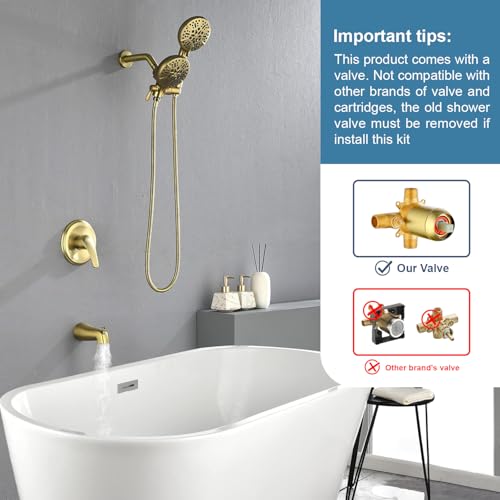 DIFEINI Dual Shower Faucet Set with Tub Spout Tub and Shower Faucet Set Complete Dual Shower Head and Handheld Combo Shower System with Tub Spout Tub and Shower Trim Kit Brushed Gold - Image 2