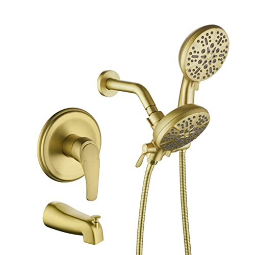DIFEINI Dual Shower Faucet Set with Tub Spout Tub and Shower Faucet Set Complete Dual Shower Head and Handheld Combo Shower System with Tub Spout Tub and Shower Trim Kit Brushed Gold - Image 1