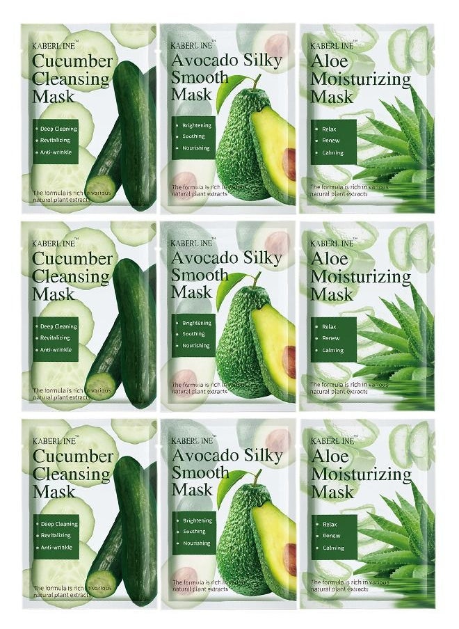 KABERLINE 9 Pieces Facial Sheet Masks,Avocado,Cucumber,Aloe Vera,25ml 