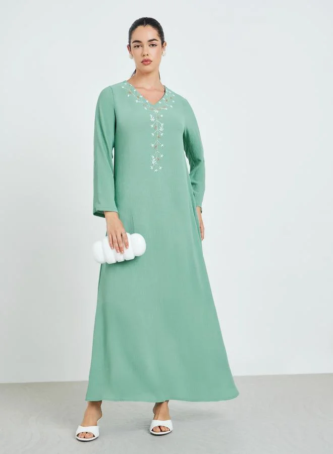 Women Green Embroidered A-Line Jalabiya