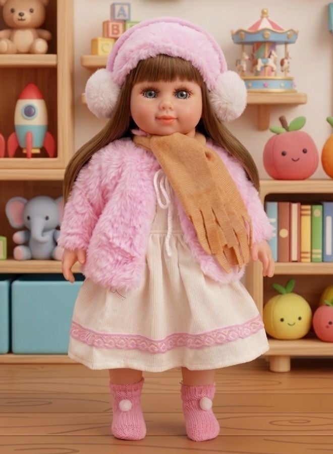 KUKOKI TOYS Girl Doll Pink Fur Outfit ,Baby Doll Realistic with Hat and Scarf, Long Hair, Blue Eyes, Pretend Play Toy playfull doll for kids - Image 1