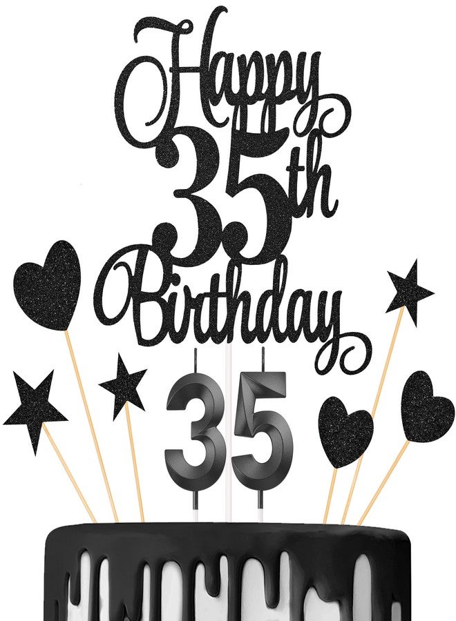 Lecferrarc 35th Birthday Cake Toppers, 35th Birthday Candles Numeral Candles and Glitter Cake Decorations Toppers Set for Party Supplies (Black) - Image 1