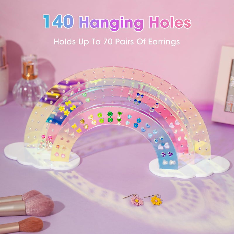 NiHome 3-Tier Iridescent Acrylic Rainbow Earring Organizer, Lightweight & Durable Design 140 Holes for 70 Pairs, Unique Front Row for Special Earrings, 11.8" W x 6.25" H - Image 2