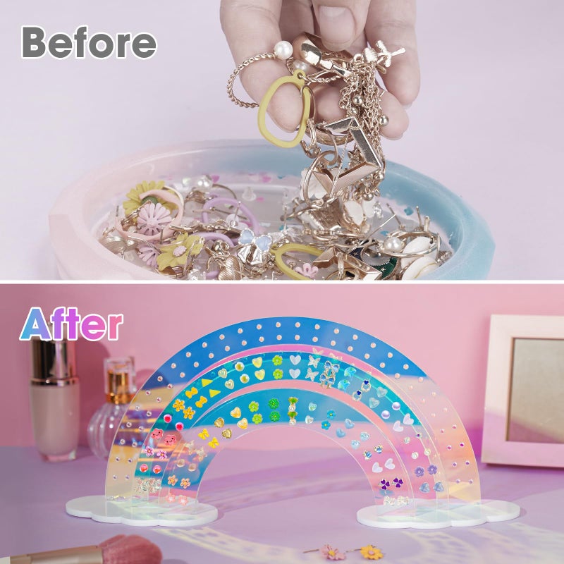 NiHome 3-Tier Iridescent Acrylic Rainbow Earring Organizer, Lightweight & Durable Design 140 Holes for 70 Pairs, Unique Front Row for Special Earrings, 11.8" W x 6.25" H - Image 5