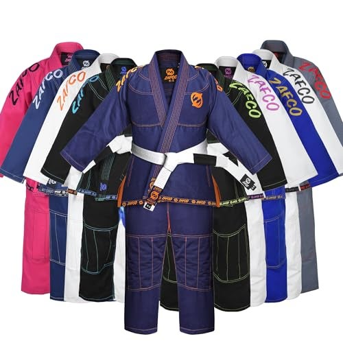 Zafco Sports Brazilian Jiu Jitsu, Kids Jiu Jitsu Gi Children BJJ Gi Grappling Kimonos Lightweight White Belt (Navy/Orange, K1) - Image 1