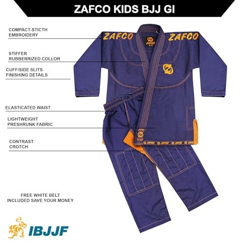 Zafco Sports Brazilian Jiu Jitsu, Kids Jiu Jitsu Gi Children BJJ Gi Grappling Kimonos Lightweight White Belt (Navy/Orange, K1) - Image 2