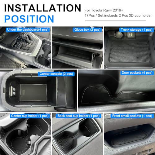 REMOCH ريموش لملحقات تويوتا RAV4 2025 2024 2023 2022 2021 2020 2019 وحامل أكواب مخصص لسيارة RAV4 Prime من 2021-2025 مع وسادة مطاطية لمركز التحكم وأبواب (17 قطعة، حواف سوداء) - Image 5