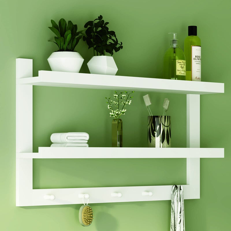 WELLAND WELLAND 2 Tiers Entryway Floating Wall Shelf Hanging Shelf 29 L WallMounted Coat Rack Shelf with 5 Hooks for Hallway Bathroom Living Room BedroomWhite 