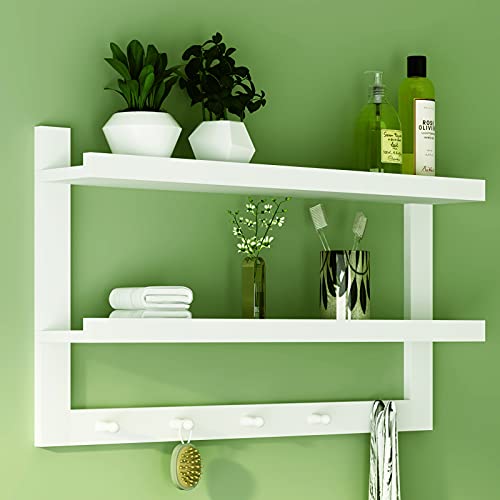 WELLAND 2 Tiers Entryway Floating Wall Shelf Hanging Shelf 29 L WallMounted Coat Rack Shelf with 5 Hooks for Hallway Bathroom Living Room BedroomWhite