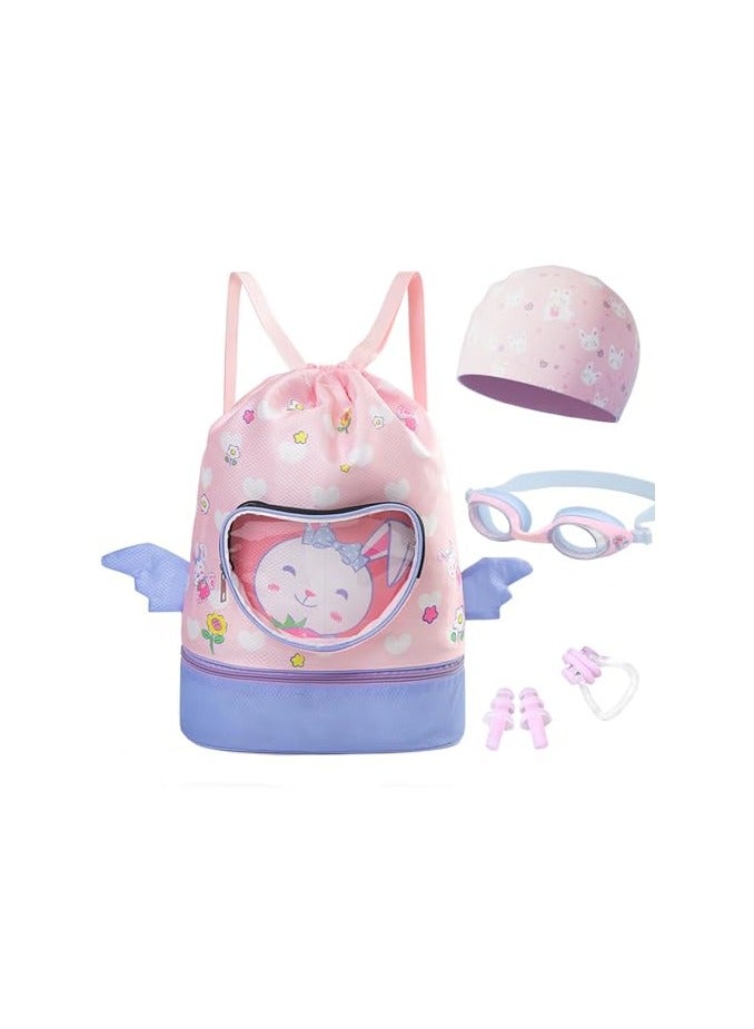 Children's Drawstring Bags Swimming Bag Dry and Wet Separation Waterproof Storage Bag,Kids Drawstring Backpack w/Swimming Goggles,Ear Plugs,Nose Clip & Cap for Boys,Girls Pool Beach