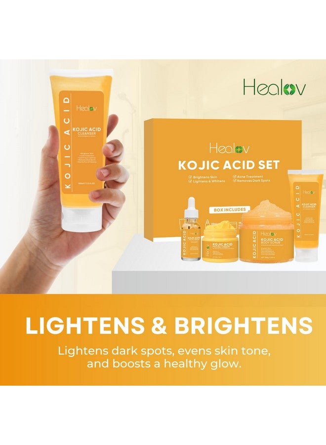 Healov Kojic Acid Skincare Set - Kojic Soap Cleanser, Exfoliating Body Scrub, Face Cream & Brightening Facial Serum - Skin Brightening Hyperpigmentation Treatment, Dark Spot Corrector - with Turmeric Papaya - Image 5