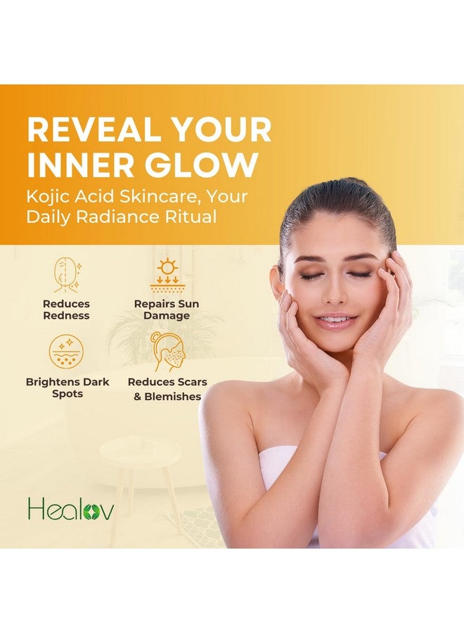 Healov Kojic Acid Skincare Set - Kojic Soap Cleanser, Exfoliating Body Scrub, Face Cream & Brightening Facial Serum - Skin Brightening Hyperpigmentation Treatment, Dark Spot Corrector - with Turmeric Papaya - Image 4