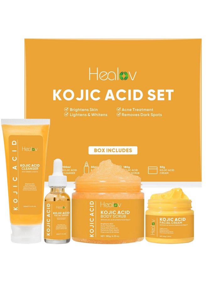 Healov Kojic Acid Skincare Set - Kojic Soap Cleanser, Exfoliating Body Scrub, Face Cream & Brightening Facial Serum - Skin Brightening Hyperpigmentation Treatment, Dark Spot Corrector - with Turmeric Papaya - Image 1