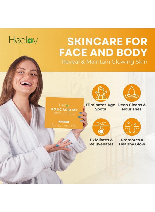 Healov Kojic Acid Skincare Set - Kojic Soap Cleanser, Exfoliating Body Scrub, Face Cream & Brightening Facial Serum - Skin Brightening Hyperpigmentation Treatment, Dark Spot Corrector - with Turmeric Papaya - Image 3