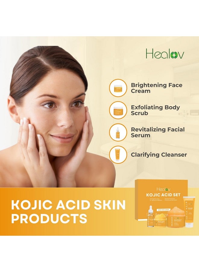 Healov Kojic Acid Skincare Set - Kojic Soap Cleanser, Exfoliating Body Scrub, Face Cream & Brightening Facial Serum - Skin Brightening Hyperpigmentation Treatment, Dark Spot Corrector - with Turmeric Papaya - Image 2