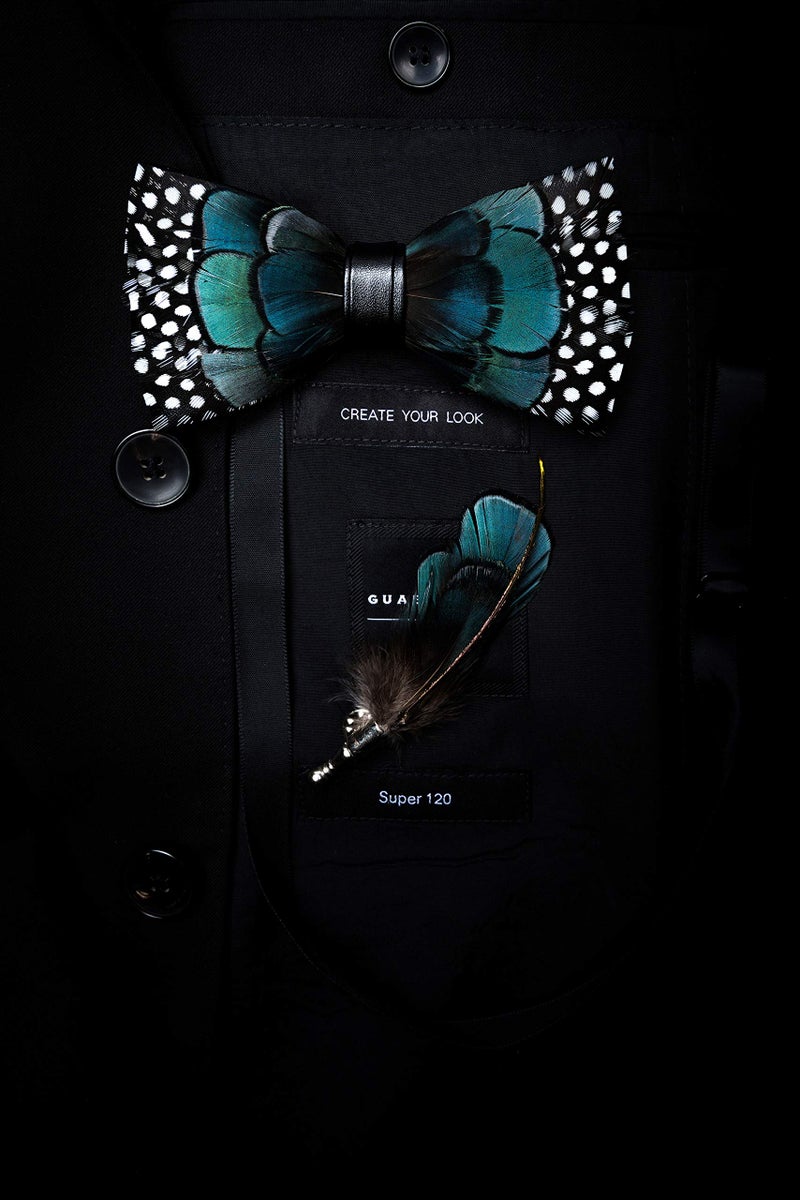 RBOCOTT Blue Leather Feather Handmade Pre-tied Bow tie and Brooch Sets for Men(8) - Image 3
