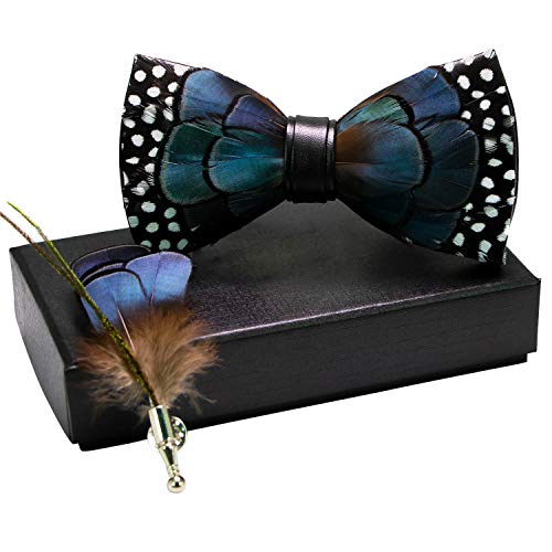 RBOCOTT Blue Leather Feather Handmade Pre-tied Bow tie and Brooch Sets for Men(8) - Image 2