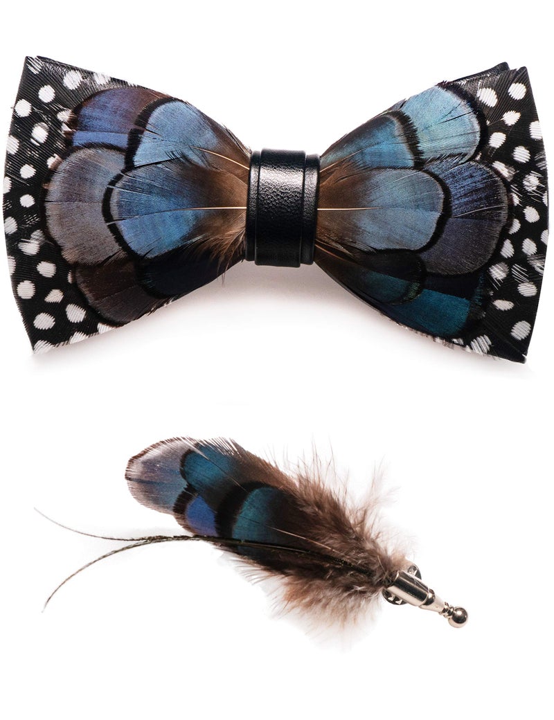 RBOCOTT Blue Leather Feather Handmade Pre-tied Bow tie and Brooch Sets for Men(8) - Image 1