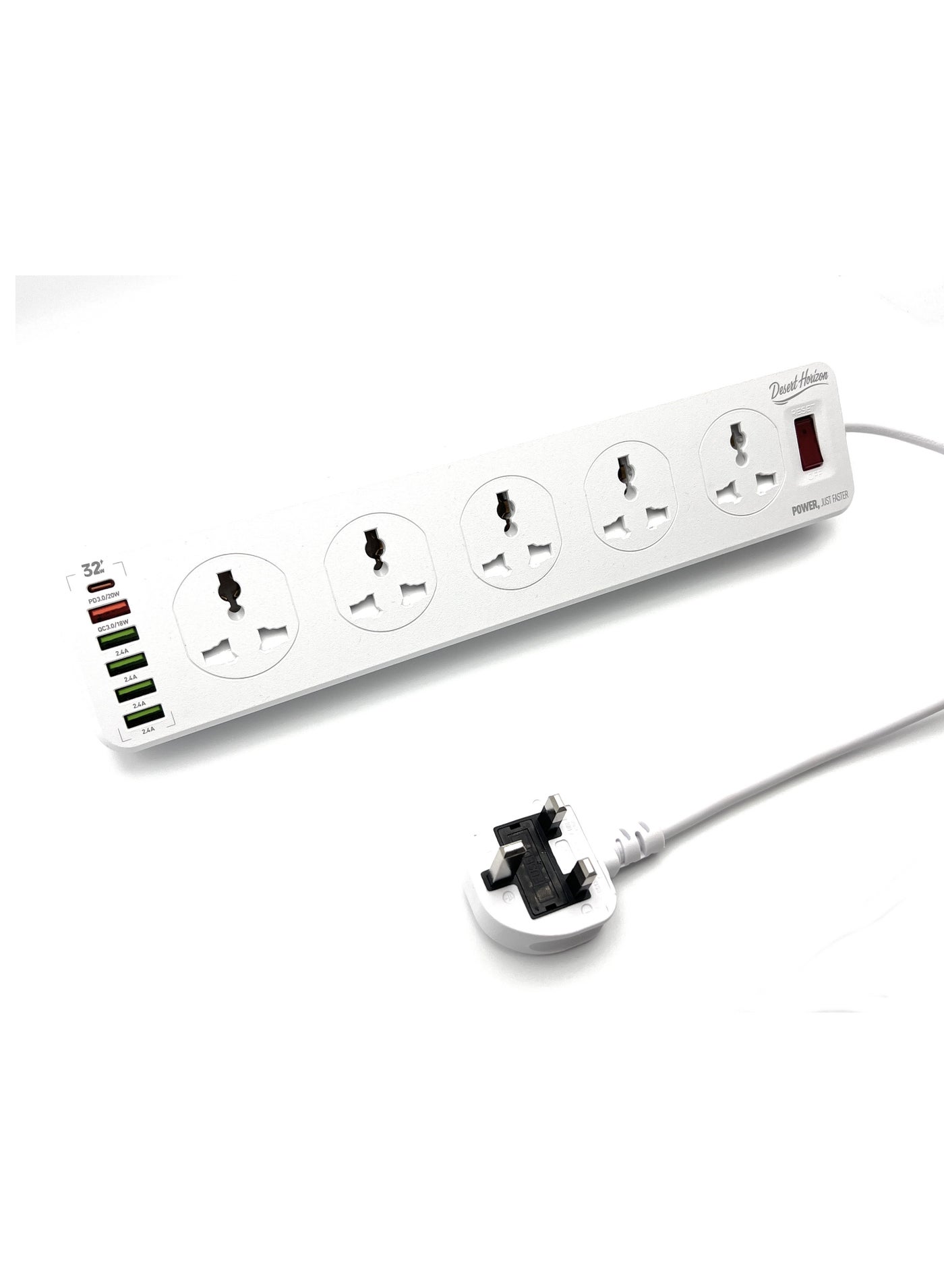 Desert Horizon Power Strip Extension cord, Universal electrical sockets 10 AC Outlets, 5 USB + 1 TYPE-C Ports with 32W Total Power, Surge protector, Heavy duty, 2M Cord, White
