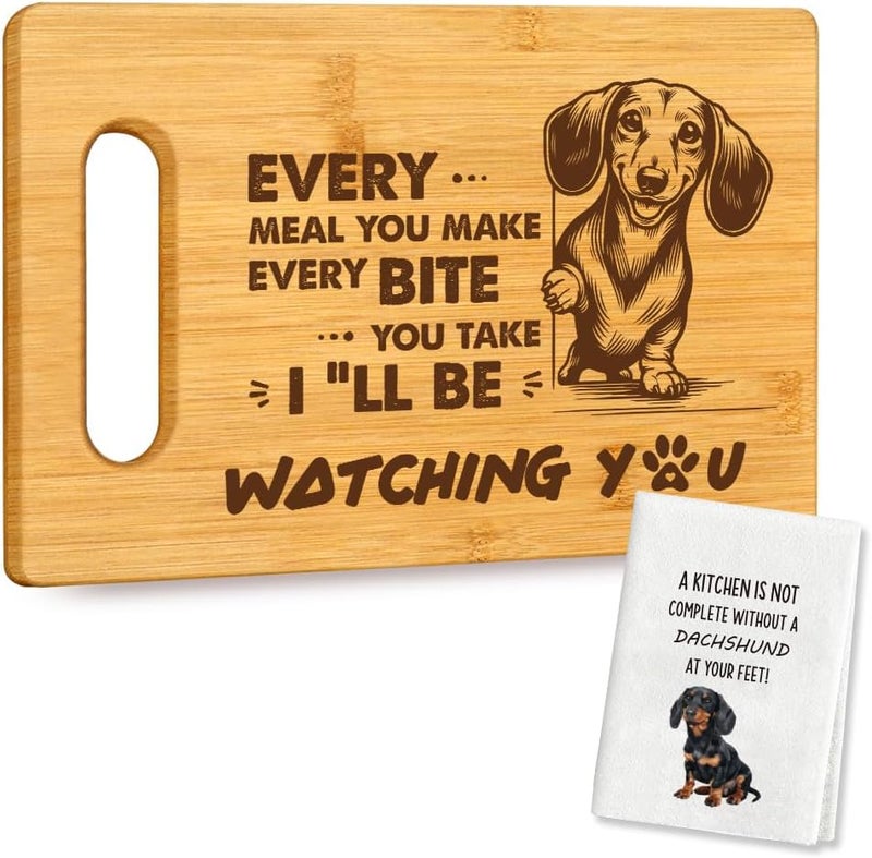 Palasarkaaa Housewarming Birthday Christmas Gifts for Dog Lovers Women Friends, Food Serving Bamboo Cutting Board Cheese Board for Home Kitchen Decor with Cute Towel, I'll Be Watching You - Dachshund Mom Dad - Image 1