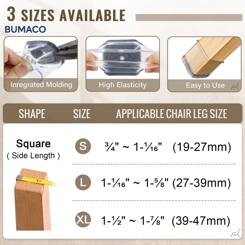 BUMACO Chair Leg Floor Protectors Square Chair Leg Protectors for Hardwood Floors Silicone Pads Covers to Protect Floors Clear-40 Pcs Square XL (1-1/2" to 1-7/8" - Image 2