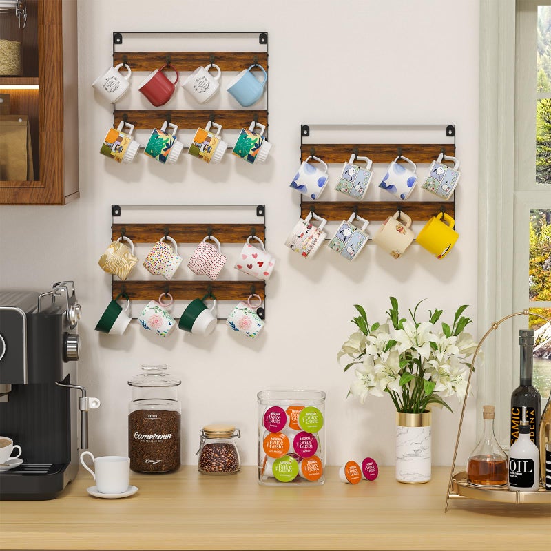 Huxitocan Wall Mount Coffee Mug Holder - Rustic Wood and Iron, Holds Up to 24 Mugs (3Pack) for Kitchen, Home, Coffee Bar - Image 5