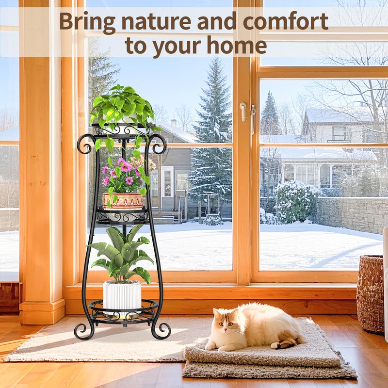 LASZOLA 3 Tier Black Metal Plant Stand for Multiple Large Planters Indoor Outdoor Organizer, Heavy Duty Tall Flower Stand for Corner Patio Bathroom Office, Modern Sturdy Vertical Iron Rack, Cat Proof - Image 2