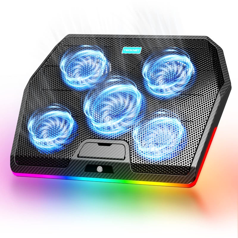 TECKNET RGB Gaming Cooling Pad Quiet Laptop and Notebook Cooling Pad With 5 Fans, Touch Button and Blue LED Laptop Cooler fits 12"-19" - Image 1