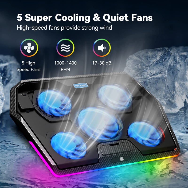 TECKNET RGB Gaming Cooling Pad Quiet Laptop and Notebook Cooling Pad With 5 Fans, Touch Button and Blue LED Laptop Cooler fits 12"-19" - Image 2