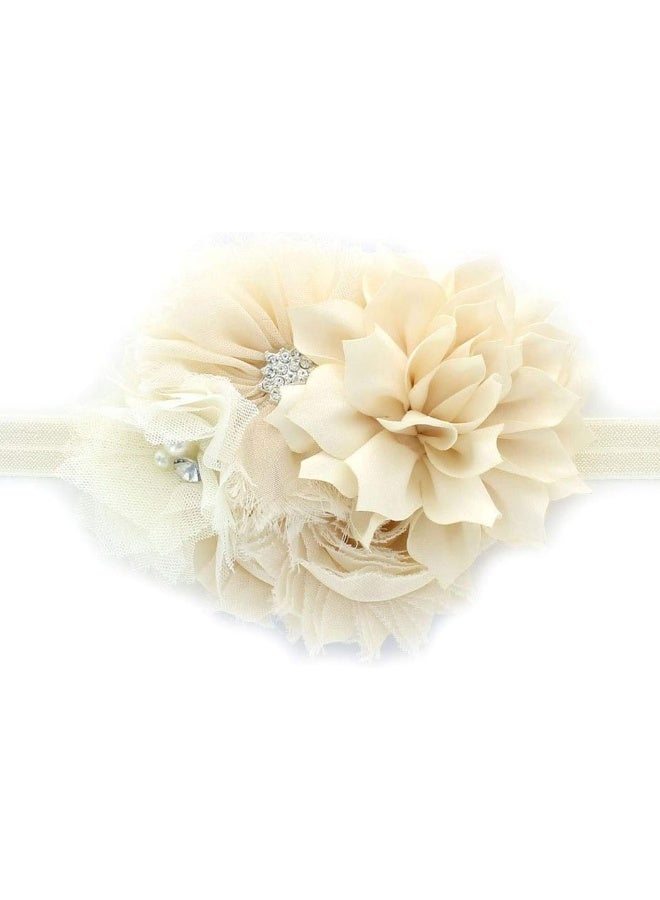 My Lello Headband Shabby Fabric Flower Cluster Baby - Infant - Toddler - Girl Stretchy Elastic Ivory - Image 1