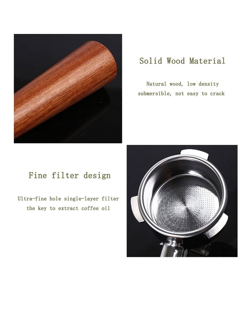 54mm coffee portable filter for Breville coffee machine, coffee handle filter bracket solid wood double nozzle coffee machine parts portable filter handle stainless steel reusable (e round mahogany)