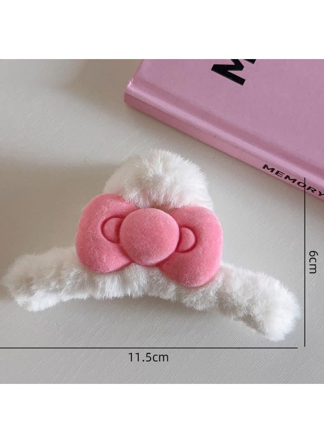 ChicAbode 3Pack Plush Hair Claw Clip White Fuzzy Claw Clip Super Grip Cute Hair Clip for Thick Hair Fluffy Hair Clip Furry Hair Accessory Plush Claw Clip for Women and Girls Barrette with Pink Bow Hairpin - Image 2