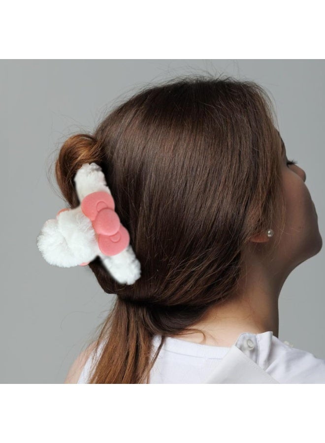 ChicAbode 3Pack Plush Hair Claw Clip White Fuzzy Claw Clip Super Grip Cute Hair Clip for Thick Hair Fluffy Hair Clip Furry Hair Accessory Plush Claw Clip for Women and Girls Barrette with Pink Bow Hairpin - Image 3