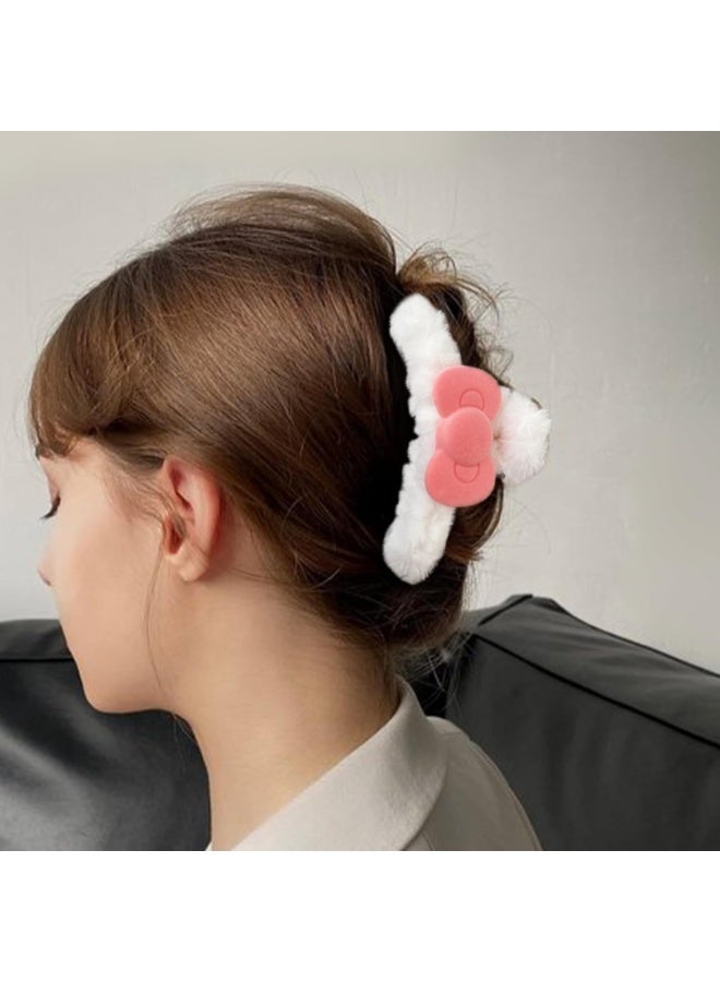 ChicAbode 3Pack Plush Hair Claw Clip White Fuzzy Claw Clip Super Grip Cute Hair Clip for Thick Hair Fluffy Hair Clip Furry Hair Accessory Plush Claw Clip for Women and Girls Barrette with Pink Bow Hairpin - Image 4
