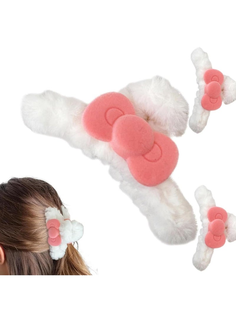 ChicAbode 3Pack Plush Hair Claw Clip White Fuzzy Claw Clip Super Grip Cute Hair Clip for Thick Hair Fluffy Hair Clip Furry Hair Accessory Plush Claw Clip for Women and Girls Barrette with Pink Bow Hairpin - Image 1