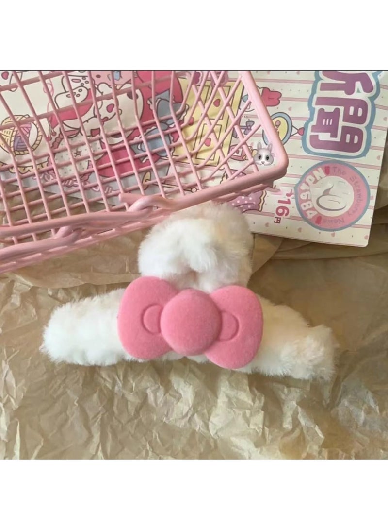 ChicAbode 3Pack Plush Hair Claw Clip White Fuzzy Claw Clip Super Grip Cute Hair Clip for Thick Hair Fluffy Hair Clip Furry Hair Accessory Plush Claw Clip for Women and Girls Barrette with Pink Bow Hairpin - Image 5