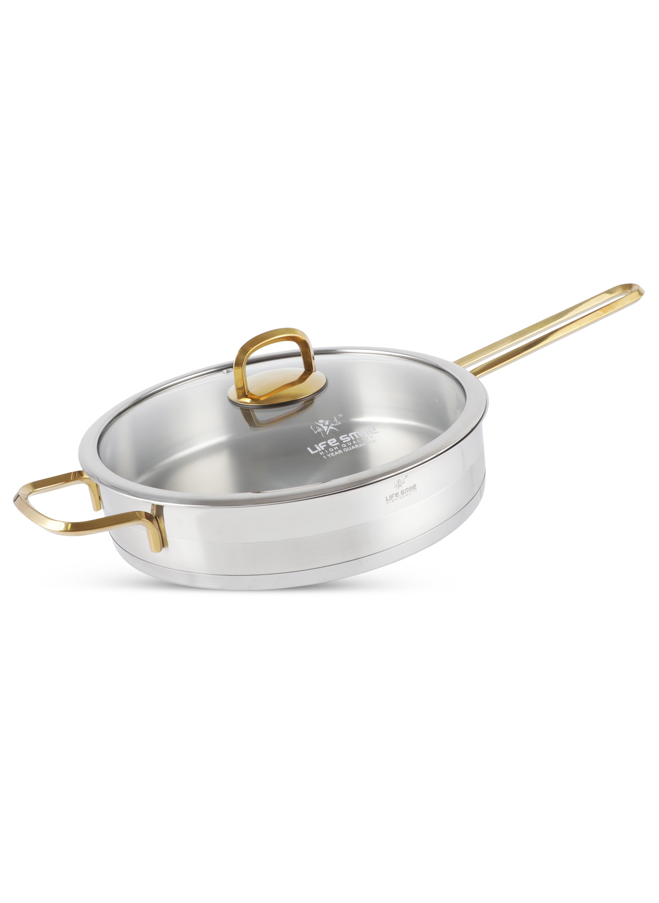 20/24/28/32cm Sizes Premium 18/10 Stainless Steel Frying Pan - Induction Tri-Ply Thick Base Fry Pan with Glass Lid for Even Heating Oven Safe Silver Gold 